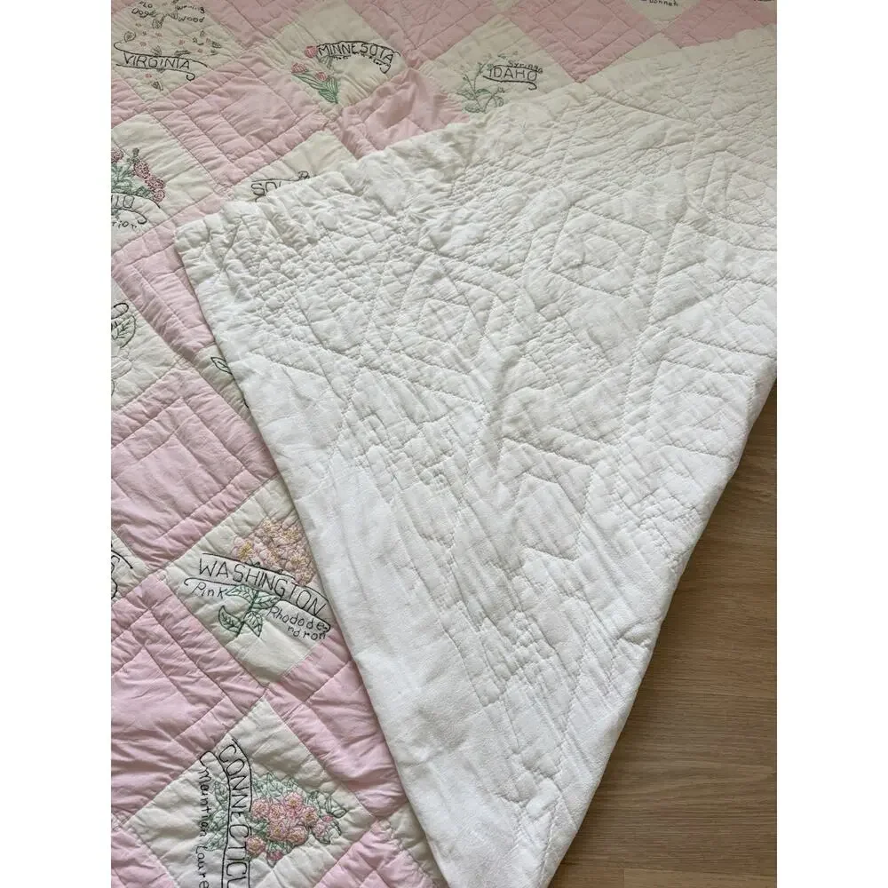 Vintage 48 US State Flower Quilt Embroidered Pink Checkered Handmade